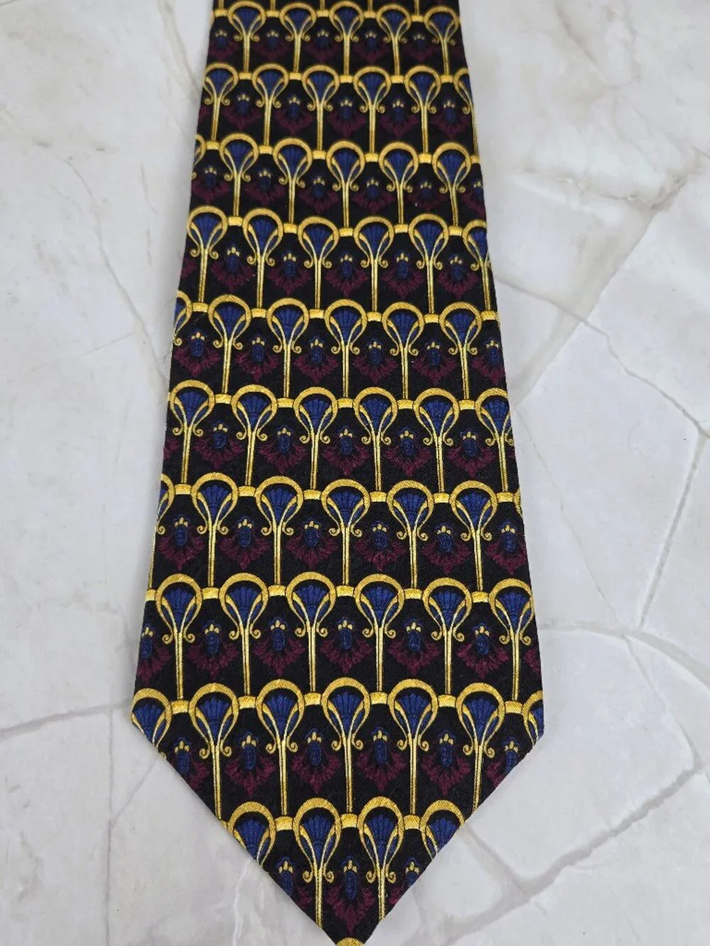 Adolfo 100% Silk Men's Tie Dark Red Blue Gold Repeating Pattern Office Gifts